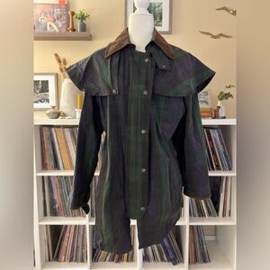 Oxford Blue Size Medium (12) Blackwatch Tartan Zip Up Waxed Field Cape Jacket